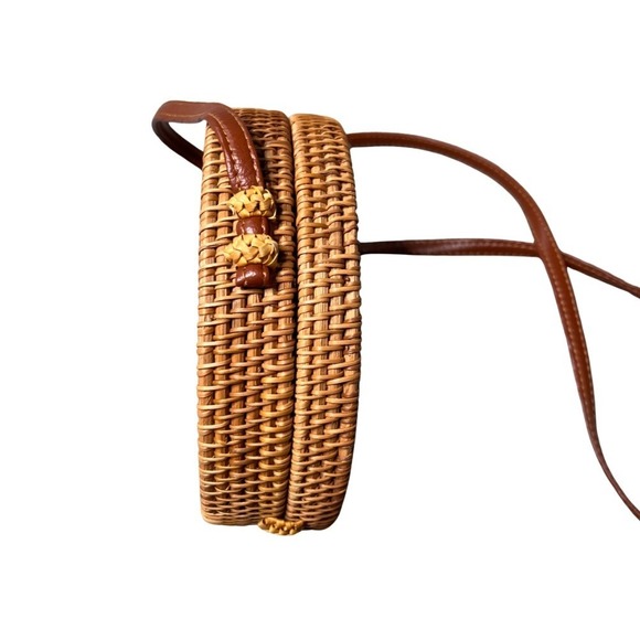 Womens Round Woven Straw Rattan Crossbody Bag Tan Leather Strap Floral Lined - Picture 9 of 16